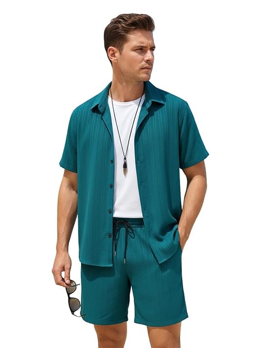 Men’s cotton Co-Ord Set | Solid Short Sleeve Button-Down Shirt & ...