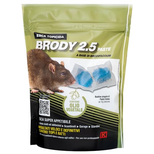 Kollant Brody 2.5 Paste Blu - 150g. Veleno per Topi Professionale in Bustine di Pasta Fresca a Base di Brodifacoum. Esche per Topi ad Uso Interno ed Esterno. Aroma Olio Vegetale.