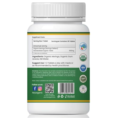 Image of Organic Moringa Tablets - 600 mg 60 Tablets - Drumstick Leaf Tablets - Good for Hair & Skin - Rich Source of Calcium - Promotes Healthy Joints - Increase Metabolism