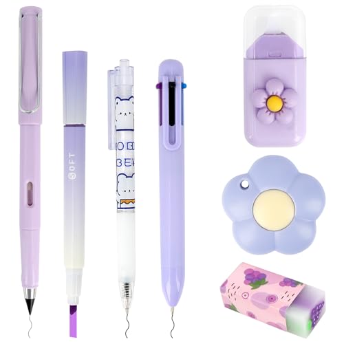 MOTIBACK Set di 7 penne a sfera con penna a sfera, pennarello gel, evidenziatore universale, nastro di correzione per l'inizio della scuola, regalo lilla