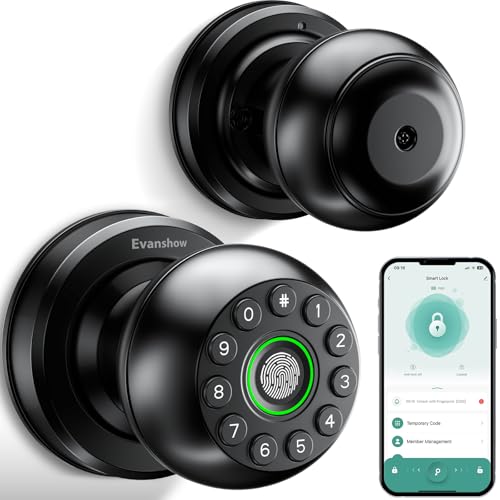 Evanshow Smart Door Knob Fingerprint Lock 4-in-1 Keyless Entry (Fingerprint/App/Code/Key) Biometric Door with Auto-Lock Easy Install for Home/Bedroom/Office
