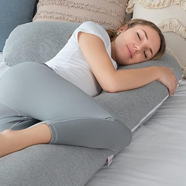 AngQi Body Pregnancy Pillow with Jersey Cover, L Shaped Full Body Pillow for Pregnant Women and Side Sleeping, Gray