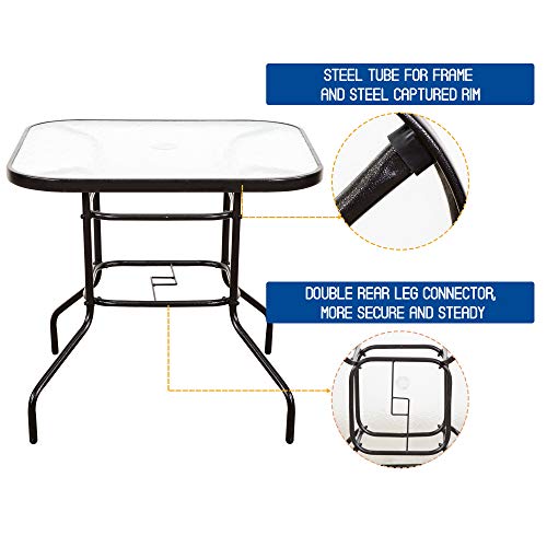 Homevibes 32" Outdoor Patio Dining Table Tempered Glass Top Bistro Table Top Umbrella Stand Square Deck Furniture Garden Table Metal Frame, Dark Chocolate #TOP3