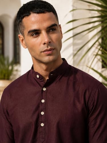 Image of Majestic Man Men's Pure Cotton Solid Mandarin Collar Slim Fit Roll-Up Sleeves Short Kurta Lightweight Summer Kurta for Daily & Occasion Use