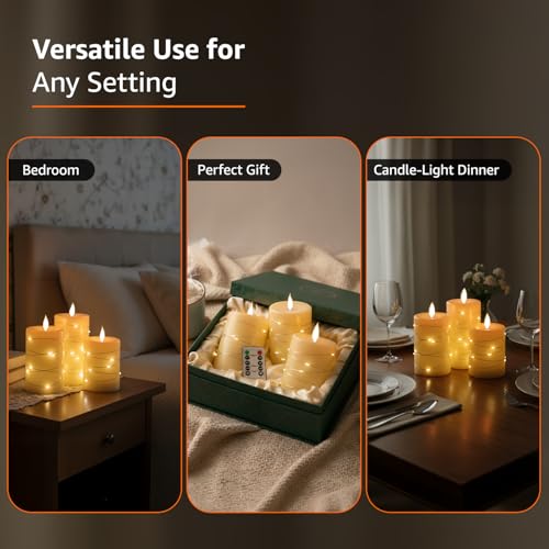 Image of amazon basics LED Candles with String Light Effect, Set of 3 (8X10 CM, 8X12.5 CM, 8X15 CM), Ivory Wax Pillars, Flickering Warm Flame, Remote & Timer, Flameless Decorative Lighting