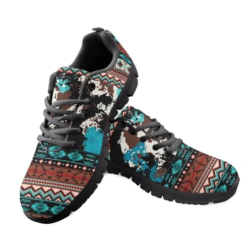 Southwest Native American Aztec Cow Print Casual Mesh Lace Up Running Shoes Ladies Walking Footwear