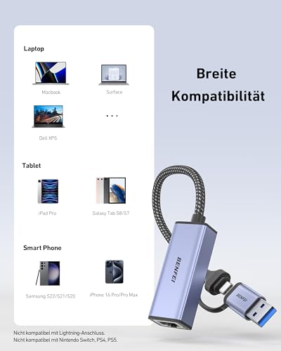 BENFEI USB-C auf Ethernet Adapter, USB 3.0 auf RJ45 Gigabit LAN (1000Mbps) Netzwerkadapter , kompatibel mit MacBook/Pro/Air, Surface Pro, Windows 11/10/8/7, Mac OS