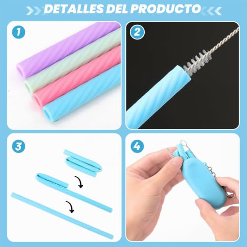 Miniatura 4 de Cobee Juego De 4 Pajitas De Silicona Reutilizables, Pajitas Plegables, Pajitas Portátiles Caja De Almacenamiento Colorida Con Llavero Viajes,Cepillo De Limpieza Profunda Para Batidos Frías Calientes