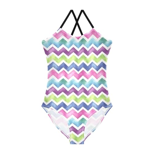 senya Girls Swimsuits One-Piece Swimwear Tie Bathing Suit Beach Summer Round Neck 9-10T Multicolor Chevron Pattern