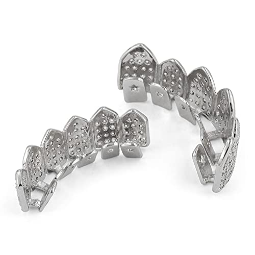 JINAO 18K Gold Plated Top Mouth Grill Teeth Macro Pave CZ Iced Out Diamond Grillz for Men Women With Extra Molding Bars Included (Silver top) - Thumbnail 5