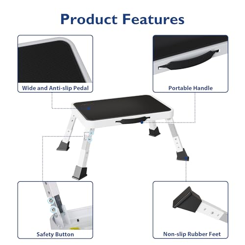 BONTEC Taburete Plegable con 3 Niveles y Plataforma Antideslizante y Patas de Goma Gruesas, Escalera Portátil para Adultos y Niños, Soporta hasta 150 kg, Cocina, Dormitorio, Blanco - imagen 4