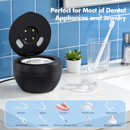 Image of Upgraded Ultrasonic Retainer Cleaner Machine, 48kHz Ultrasonic Dentures Cleaner for Mouth Guards, Braces, Aligner, Toothbrush & Jewelry, 200ML Capacity, Black