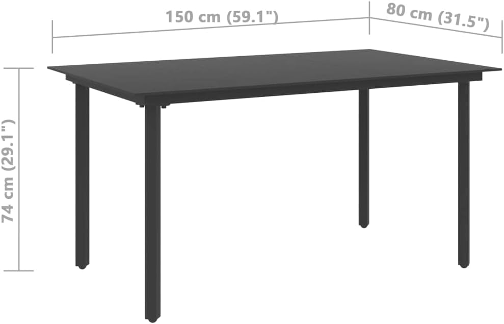 vidaXL Modern Patio Dining Table in Black - Outdoor Furniture with Powder-Coated Steel Frame and Glass Top - 59.1"x31.5"x29.1"
