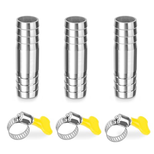 Raccord de Tuyau Cannelés, 3Pcs 14mm*55mm Connecteur Droit Barbelé en I en Forme, Adaptateur Raccords à Embout à 2 Voies en Acier Inoxydable, avec 3 Colliers