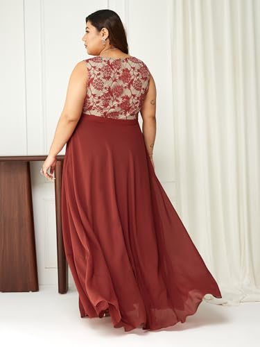 Image of Miss Chase A+ Women's Round Neck Sleeveless Georgette Floral Lace Fit & Flare Maxi Dress