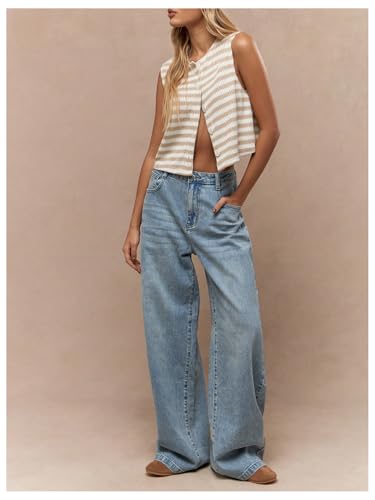 GORGLITTER Women's Striped Button Down Knitted Vest Crew Neck Sleeveless Cropped Sweater Vests4