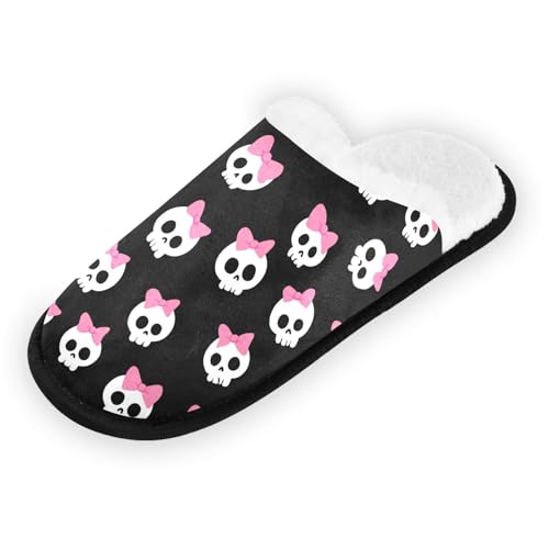 Cartoon White Skull Bow Slippers For Women Men Soft Memory Foam Non-Slip Halloween Winter Indoor House Shoes Travel Slipper2