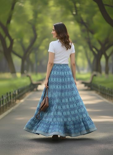 Image of GRECIILOOKS Women's Casual Summer Beach Skirts | Maxi Skirt for Women High Waist | Boho Ethnic Flared Skirts | Indian Long Skirt Rayon Printed | Elastic Waist Long Skirt's for Women