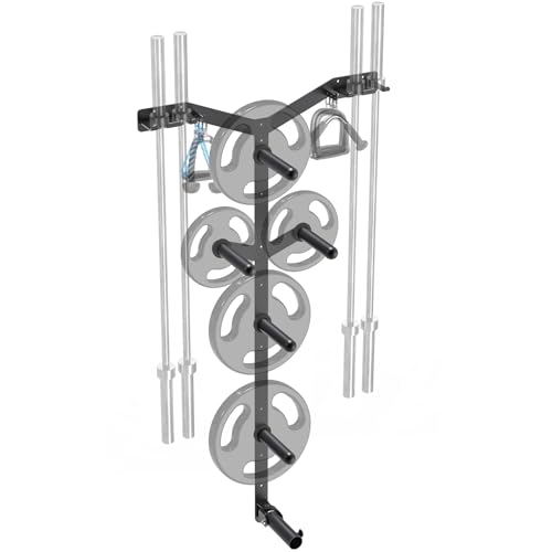 Lifeswell Wall Mounted Weight Plate Rack, Heavy Duty Olympic Barbell Holder & T Bar Row Landmine Attachment, 6 Hook Holes, 5 Pegs & 4 Barbell Storage, Space-Saving Home Gym Organizer
