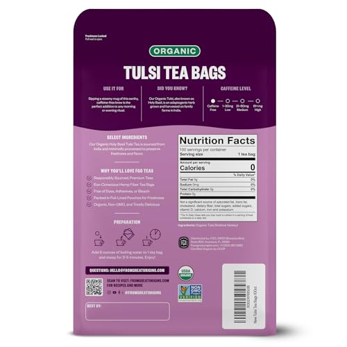 Image of FGO Organic Tulsi Holy Basil Tea, 100 Count, Eco-Conscious Herbal Tea Bags, Resealable Bag, Caffeine Free, Packaging May Vary (Pack of 1)