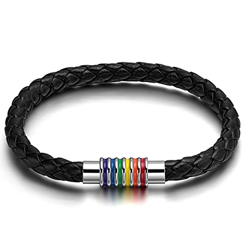 Flongo Bracelet Tressé en Cuir Noir pour Femme Homme, Bracelet Simple Unique Fermoir Facile à Rayures Arc en Ciel LGBTQ Fantaisie Bijoux Cadeaux pour Anniversaire Gay Pride Noël Saint-Valentin