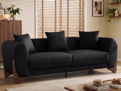 Image of 87 inch Faux Leather Cloud Couch Modern 3 Seater Sofa with Solid Wood Legs, 25 inch Extra Deep Seat, Comfy Thick Cushion Upholstered Sofa Couches with 3 Pillows for Living Room, Black