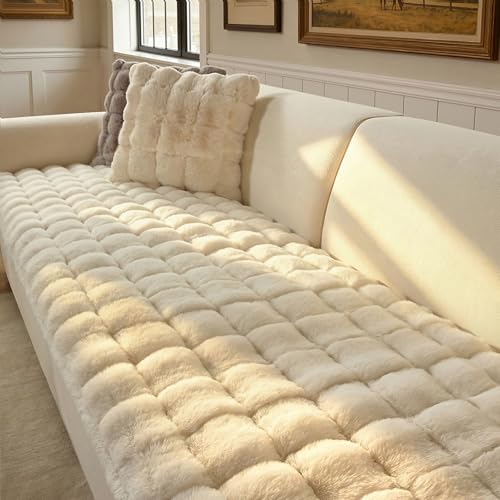 OHSIO Sofa Überzug aus Kunstfell in Kaninchen-Optik, Rutschfester Couch Überzug für 1–4 Sitzer, superweicher Sofabezug, waschbar & haustierfreundlich(Weiß, 70x150cm)