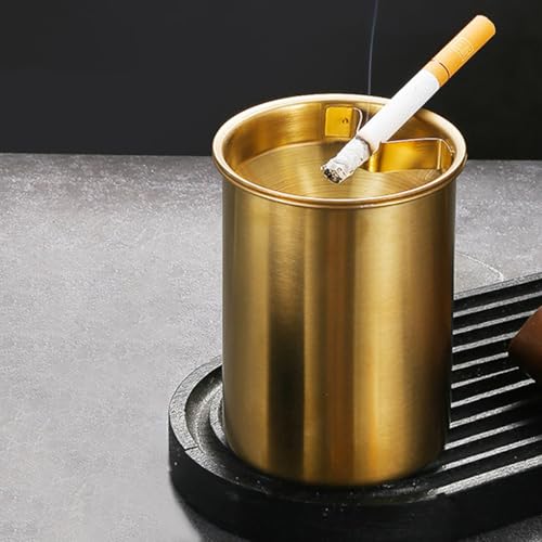 Image of HASTHIP Car Ash Tray Stainless Steel Golden Ashtray, Windproof Ashtray with Cigarette Holder & Funnel Lid, Car Ash Tray Table for Home Office, 3.9 x3.9 x3.9 inches (Golden)