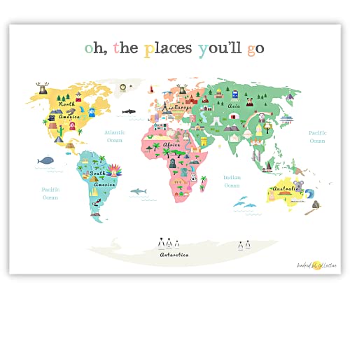 Image of "Oh the Places you'll Go" Illustrated Kids World Map (24x17”) - Vibrant Educational World Map for Kids Wall Decor with Global Animals and Landmarks