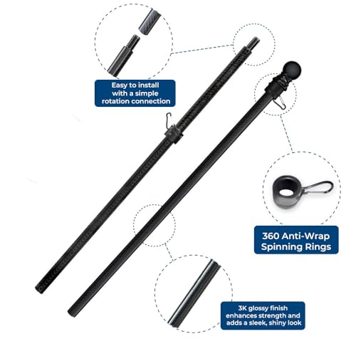 Pack 2 - FFN 5’ Foot Premium Tangle-Free Carbon-Fiber Flag Pole with 2 Flag Rings, Ideal for Trucks, Vehicles, or SUVs, Perfect for 2x3FT, 3x5FT, and 4x6FT Flags (5ft Pole Only, Flag Not Included)