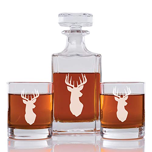 Antler Engraved Decanter and Rock Glasses, Set of 3 L8