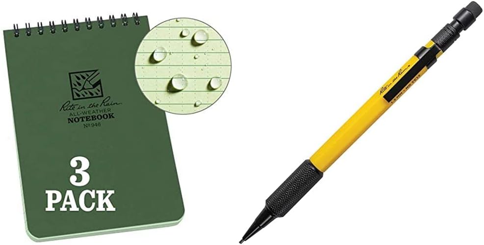 Rite in the Rain Weatherproof Top Spiral Notebook, 4" x 6", Green Cover, Universal Pattern, 3 Pack (No. 946-3) & Weatherproof Mechanical Pencil, Yellow Barrel, 1.3mm Black Lead (No. YE13)