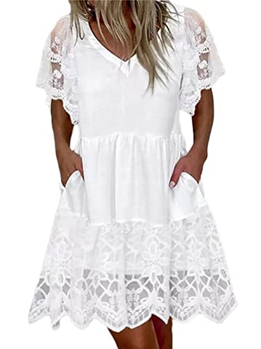 Minetom Spitzenkleid Damen Ärmellos V-Ausschnitt Retro Sommer Spitzen Strandkleid Mini Kleider Boho Sommerkleid A-Linie Kleid F Weiß M