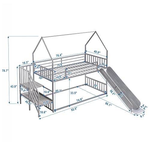 House Bunk Bed Twin Over Twin, Low Bunk Bed With Slide And Storage Stairs, Heavy-Duty Metal Playhouse Bunk Bed Frame For Kids Boys Girls Teens, Silver #TOP4