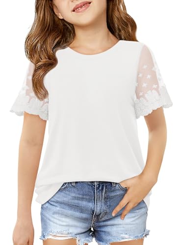 Haloumoning Girls Lace Short Sleeve T Shirts Kids Summer Crewneck Tunic Tops Curved Hem 5-14 Years