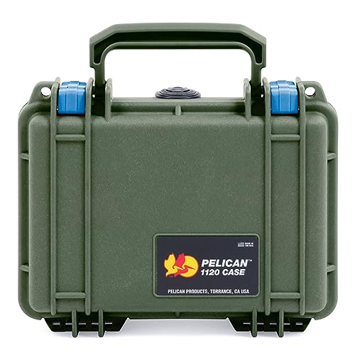 ColorCase Pelican Protector 1120 Case OD Green - Small Size Waterproof Case with Pick & Pluck Foam & Convoluted Lid Foam - Blue Latches