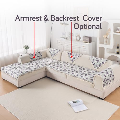 Image of HOKIPO Lavender Vine L Shape (3+2 Seater) Sofa Seat Mat with Tassel| Quilted Sofa Cover Mat, 'Tassel Twigs' Series (IN-984-T1 + IN-986-T1)