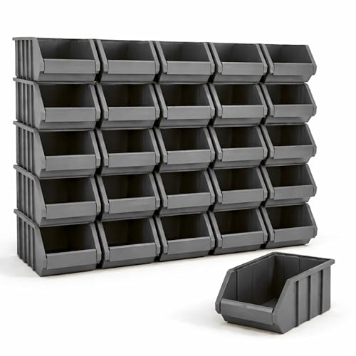 Rodopi 26er Set Stapelboxen, Größe M | Sichtlagerkästen 230x150x130mm | Robuste Lagerboxen für Werkstatt, Garage, Keller | Aufbewahrung für Kleinteile & Werkzeug | Sortierkästen Anthrazit