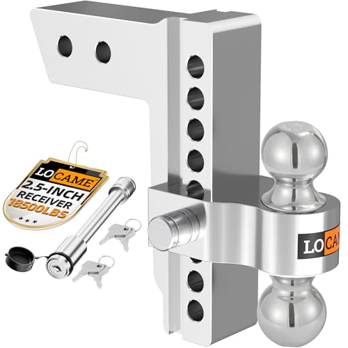 LOCAME Adjustable Trailer Hitch, Fits 2.5-Inch Receiver Only, 8-Inch Drop/Rise Aluminum Drop Hitch, 18,500 LBS GTW-Tow Hitch for Heavy Duty Truck with Double Stainless Steel Locks, Silver, LC0008