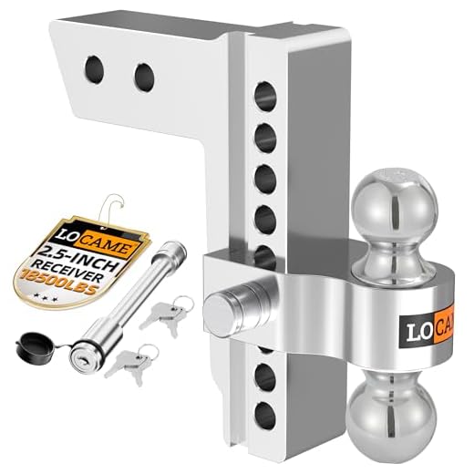 LOCAME Adjustable Trailer Hitch, Fits 2.5-Inch Receiver Only, 8-Inch Drop/Rise Aluminum Drop Hitch, 18,500 LBS GTW-Tow Hitch for Heavy Duty Truck with Double Stainless Steel Locks, Silver, LC0008