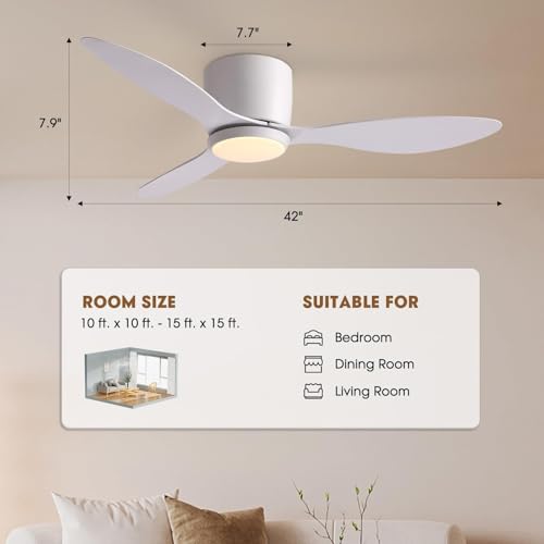 LUDOMIDE Ceiling Fans with Lights,42 Inch Low Profile Ceiling Fan with Wall Control and Remote Control,Dimmable,Flush Mount Ceiling Fan with Noiseless DC Reversible Motor for Bedroom Indoor Use thumbnail 7