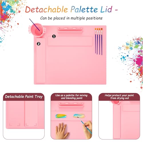 iArtker Silicone Painting Mat with Cup and Palette, 20"×16" Non-Slip Silicone Craft Art Mat with Stand and Lid for Painting, Resin, DIY, Pink