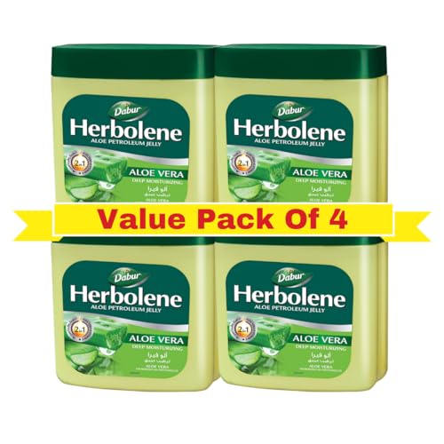 Dabur Herbolene Aloe Petroleum Jelly (4 x 50ml) | Enriched with Aloe Vera & Vitamin E | For Dry Rough Skin and Chapped Lips | Super Value Pack