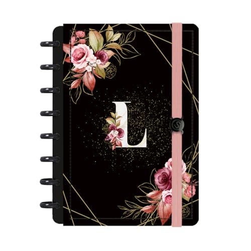 Caderno Disco Inteligente 80 Fls Monograma Floral Letra L (P (14 cm x 20 cm), Preto e Rosa)
