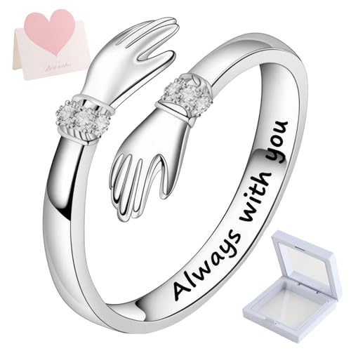 Sterling Silver Hug Ring for Mothers Day Mum Women Adjustable Hugging Hands Open Ring With Card Engraved Words Symbol of Love Spiritual Protection Gift for Daughter Mom Friend Sister Wife Birthday