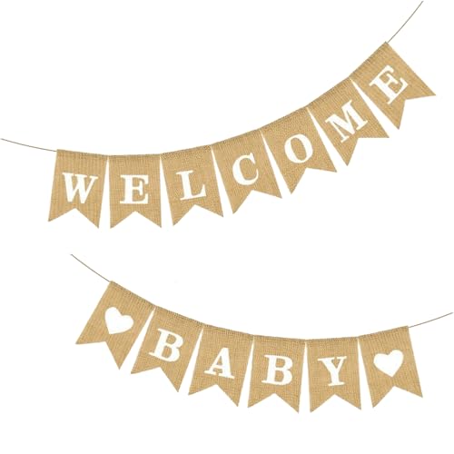 Banner Vintage in lino Welcome Baby Banner Ghirlanda Rustica per Bambini Striscione di Benvenuto in Iuta per la Ricezione a Casa, Baby Shower
