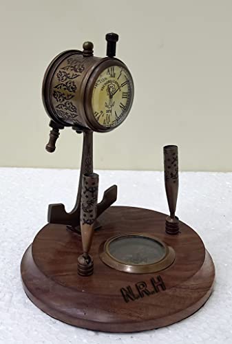 Nautical Brass Telegraph Table Top Clock with Pen Holder on Brown Wooden Base Home/Office Decorative