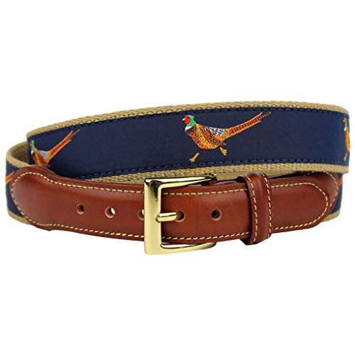 COUNTRY CLUB PREP Pheasant Leather Tab Belt in Navy on Khaki Canvas