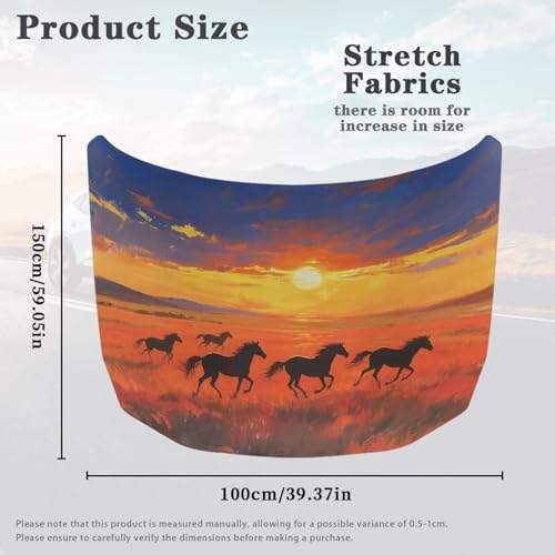 Image of Sunset Horse Car Hood Cover Slip-On Washable Elastic Weatherproof Fabric Elastic Band Fixation Fits Most Cars