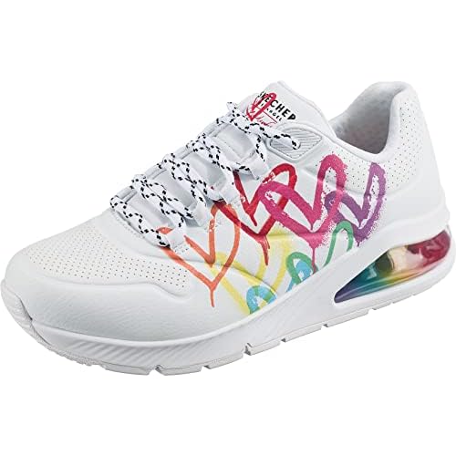 Skechers Damen UNO 2 Floating Love Sneakers, Wht Duraleather Multi Color Heart Print Trim, 39 EU